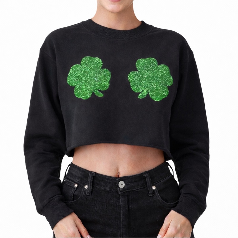 St. Patrick’s Day Shamrock Crop Sweatshirt M Black Green Glitter Lucky Top